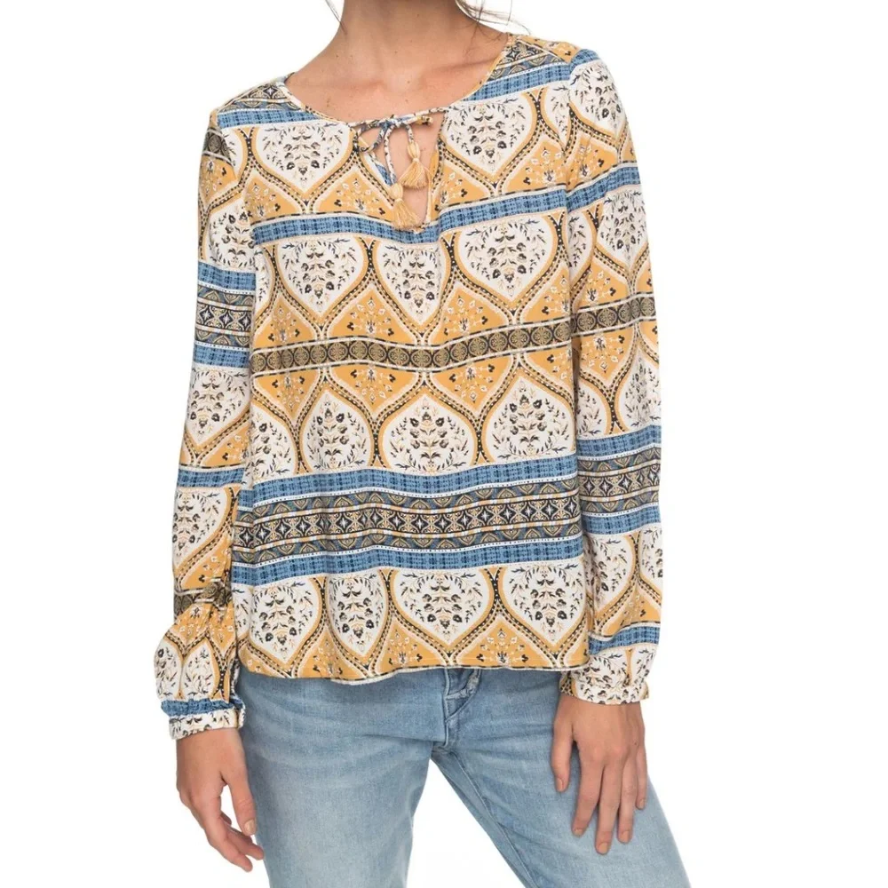 Roxy Women’s Boho Patterned Blouse - Yellow and Blue Size Small Bohemian
